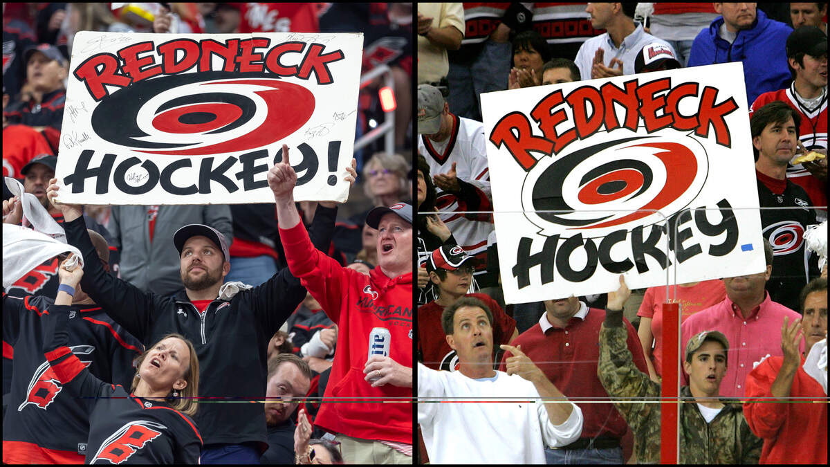 Brian Dean, left, raises a Redneck Hockey sign during the Hurricanes 4-2 victory over Vegas in game 5 of the Stanley Cup Final on June 11, 2026. The sign is the exact same one that HallÕs friend, John Rose, right, displayed during CarolinaÕs victory over Edmonton in the Stanley Cup Final in 2006.