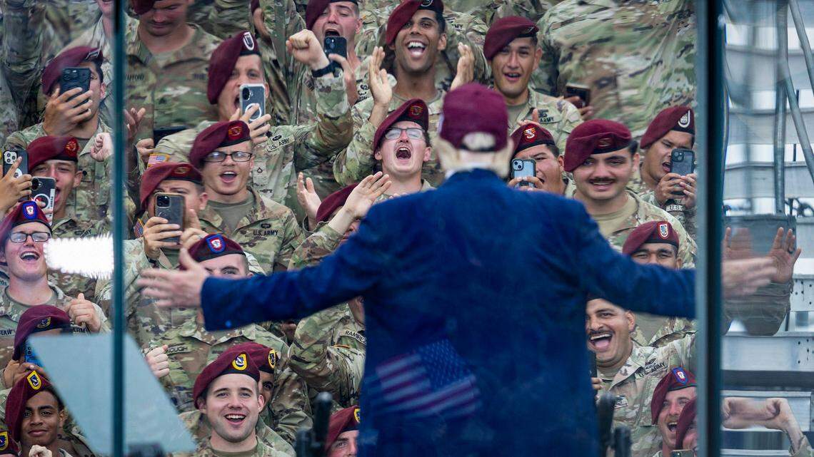 Soldiers cheer as President Donald Trump leaves the stage Tuesday, June 10, 2025, at Fort Bragg, after speaking before a crowd of soldiers and civilian supporters to mark the U.S. Army’s 250th anniversary. Defense Secretary Pete Hegseth and Army Secretary Dan Driscoll, a North Carolina native and University of North Carolina at Chapel Hill alumnus, also attended.