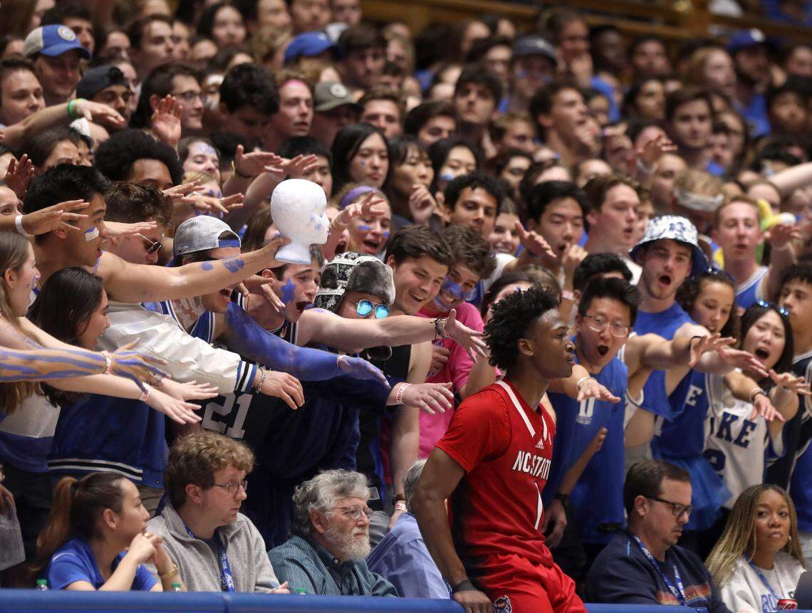 N.C. State’s Jarkel Joiner is taunted by the Cameron Crazies during the second half of Duke’s 71-67 win over the Wolfpack on Tuesday, Feb. 28, 2023, at Cameron Indoor Stadium in Durham, N.C.