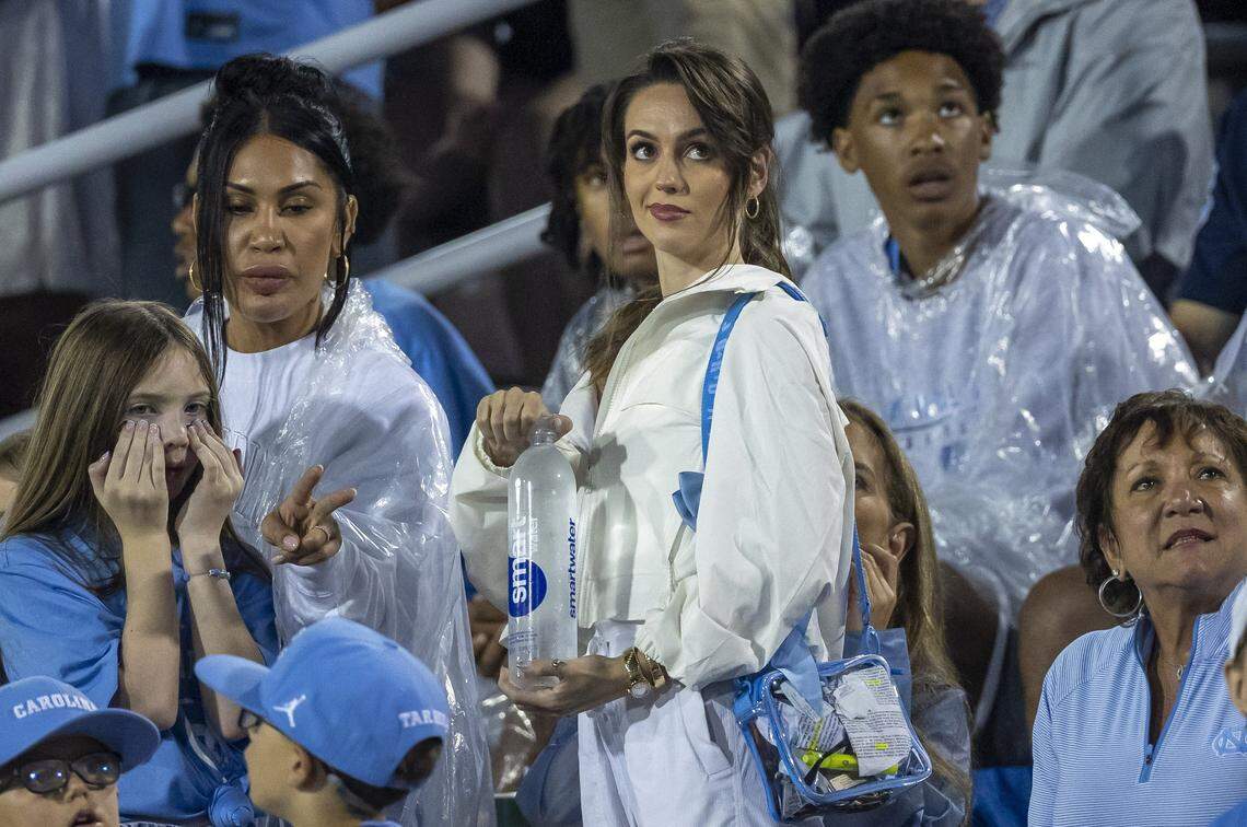 North Carolina coach Bill Belichick’s girlfriend Jordan Hudson watches  the Tar Heels’ game against UNC Charlotte on Saturday, September 6, 2025 at Jerry Richardson Stadium in Charlotte, N.C. 