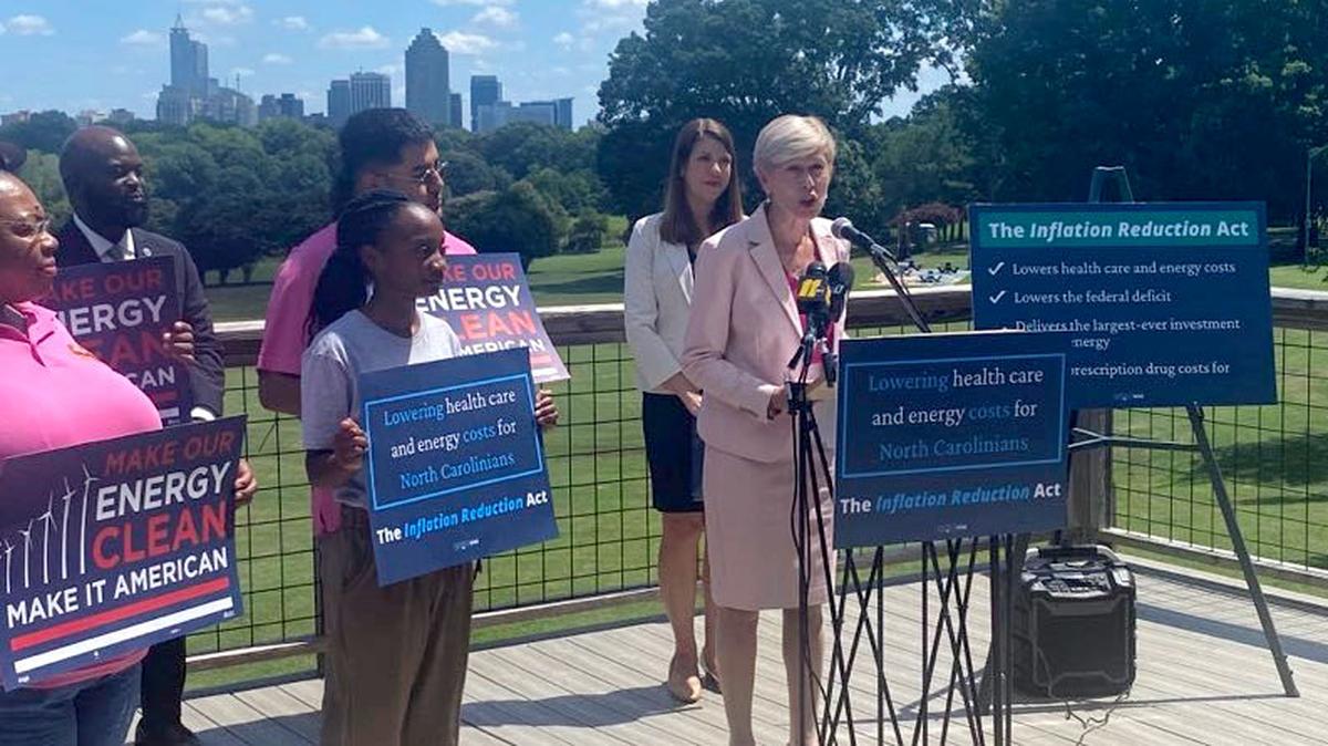Rep. Deborah Ross called the Inflation Reduction Act “historic” for its impact on climate policy and health care. Ross and others held a press conference in Raleigh on Thursday, Aug. 18, 2022.