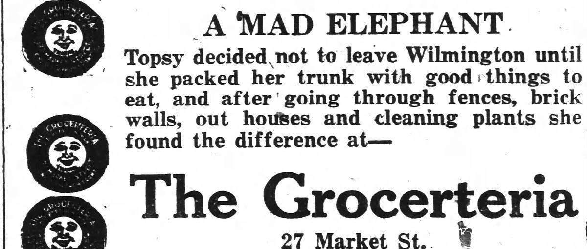 A grocery store capitalizes on Topsy the elephant’s escape in this 1922 ad in the Wilmington Morning Star.