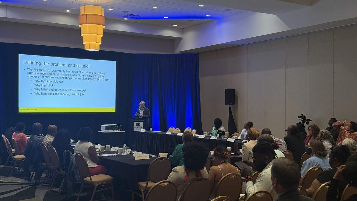 Thomas Abt, the director of the Violence Reduction Center in Maryland, led a session on June 24, 2026 at the Durham Convention Center on strategies to address gun violence in the city.