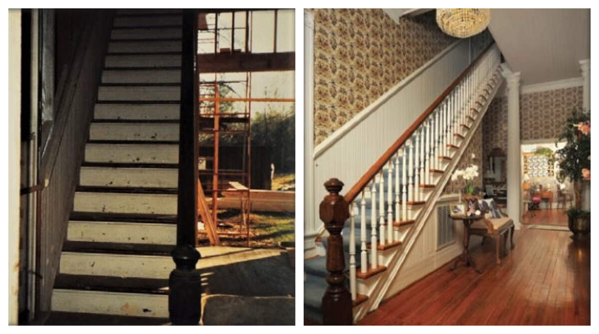 The staircase in the Pink House, photographed before and after renovations were done by the Ogle family in the 1990s.