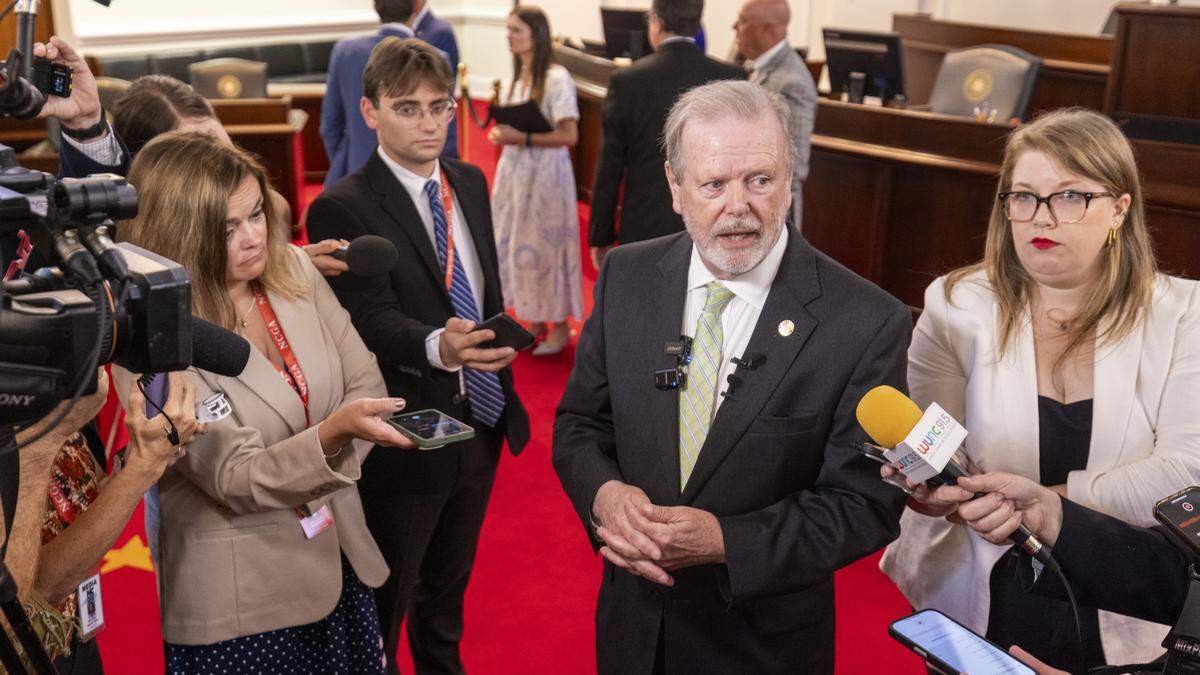 Senate leader Phil Berger answers questions from reporters after the North Carolina Senate passed a mini-budget bill Tuesday, July 29, 2025, at the General Assembly. The bill will be sent to Gov. Josh Stein’s desk once it clears the House.