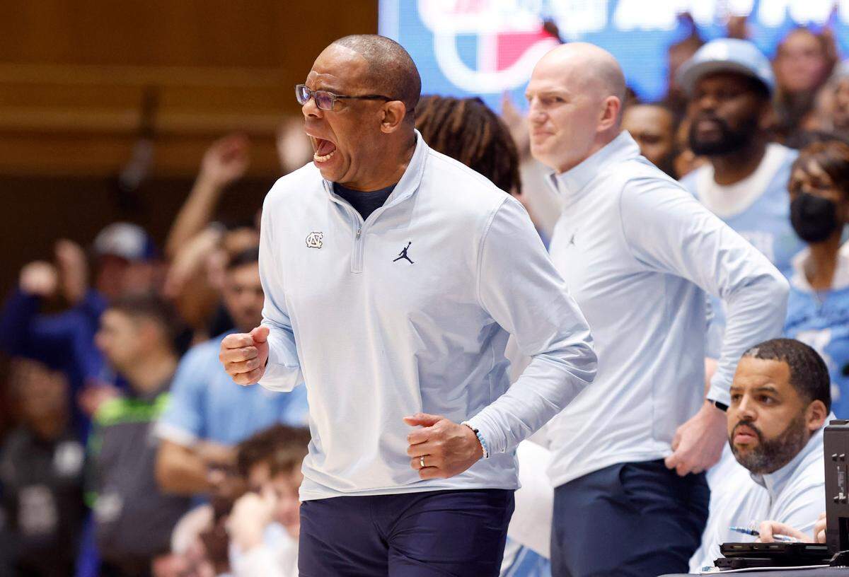 North Carolina head coach Hubert Davis is not happy with the call by the officials during the first half of Duke’s game against UNC at Cameron Indoor Stadium in Durham, N.C., Saturday, Feb. 4, 2023.