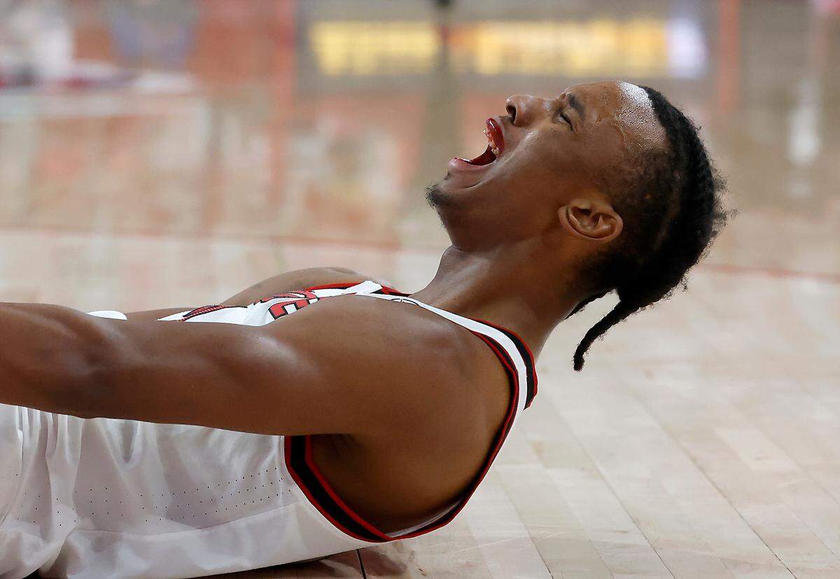 N.C. State’s Paul McNeil reacts after drawing a foul during the second half of the Wolfpack’s 63-57 loss to Southern Methodist on Saturday, Jan. 25, 2025, at Lenovo Center in Raleigh, N.C.