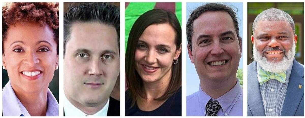 Incumbent Rani Dasi (from left) and four challengers -- Andrew Davidson, Jillian La Serna, Ashton Powell and Deon Temne -- are competing for four seats on the Chapel Hill-Carrboro School Board.