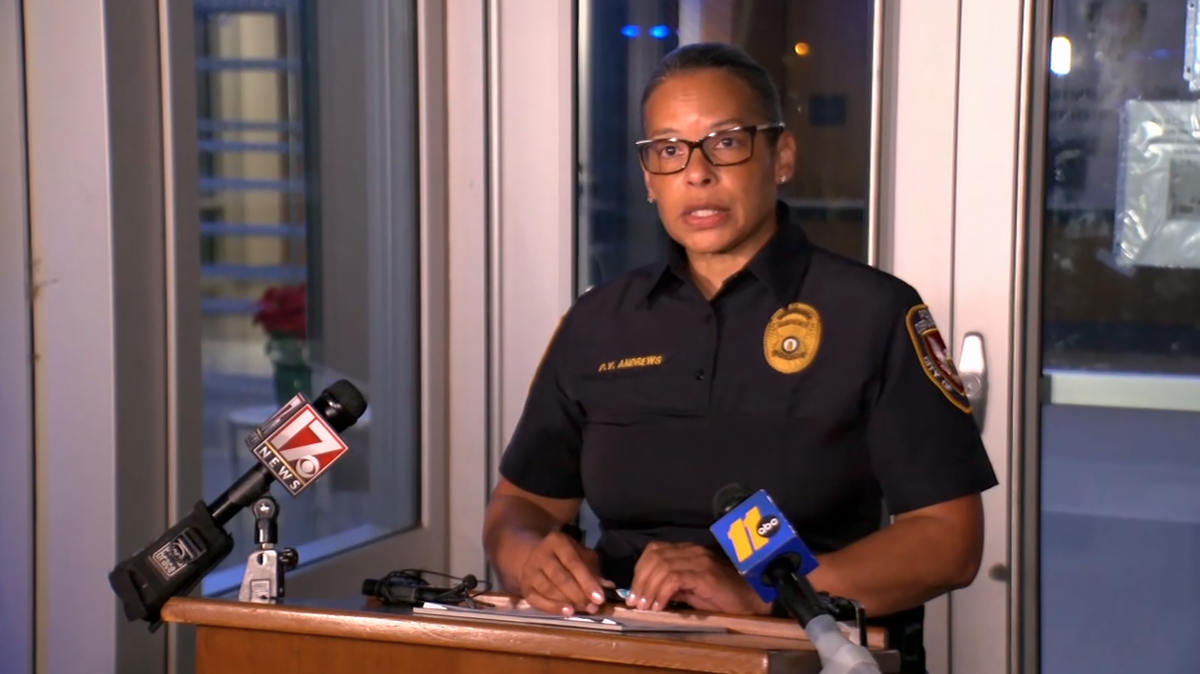 Chief Patrice Andrews speaks at a May 14, 2025, press conference about a fatal shooting at Durham police headquarters. The department released new details in the shooting Thursday.