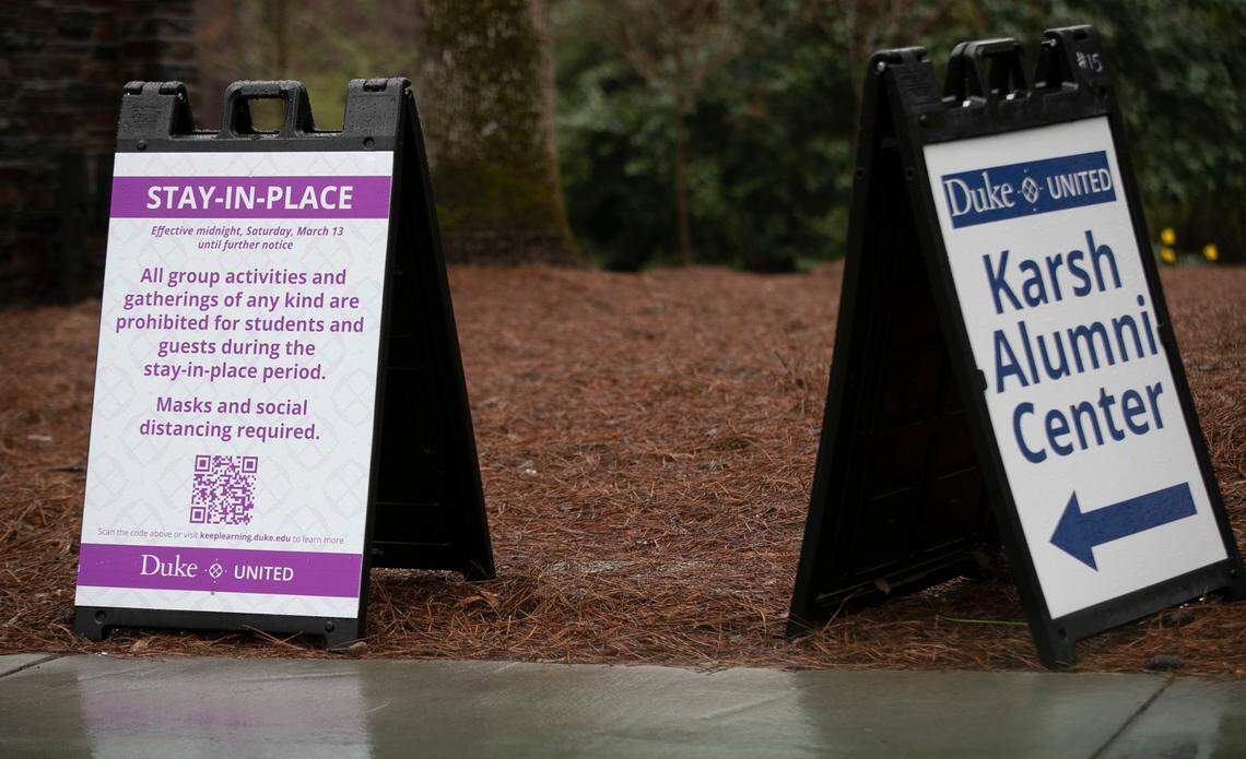 Stay in Place signage on the Duke University campus on Tuesday, March 16, 2021 in Durham, N.C. Duke University instituted a Stay in place order on March 13, following a reported cluster of COVID-19 cases among the student body.