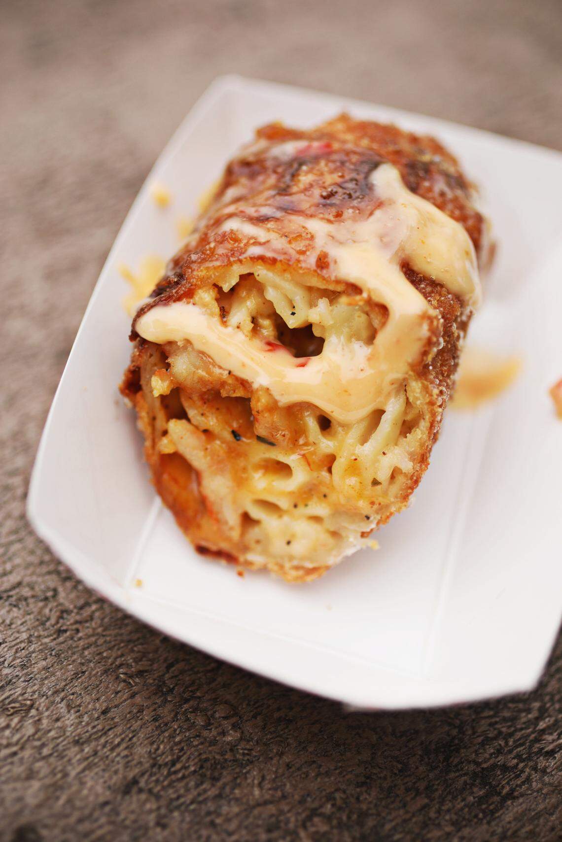 The Shrimp Mac and Cheese Eggroll from Waypoint Oyster Bar is one of several new foods that will debut at The N.C. State Fair in Raleigh.