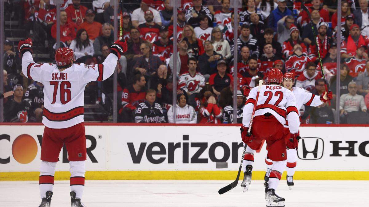 Carolina Hurricanes defenseman Brett Pesce (22) celebrates his goal against the New Jersey Devils during the second period in game four of the second round of the 2023 Stanley Cup Playoffs at Prudential Center.