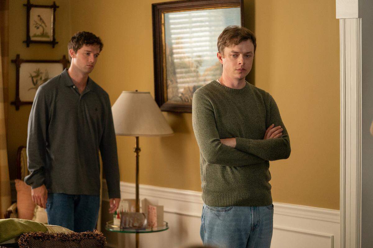 From the HBO limited series “The Staircase”: Patrick Schwarzenegger as Todd Peterson (left) and Dane DeHaan as Clayton Peterson (right).