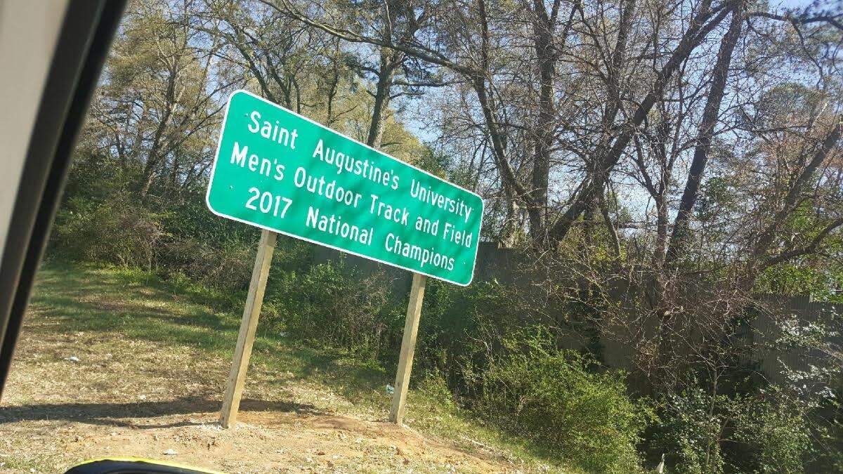 This highway sign honoring the St. Augustine’s University track and field team was put up along Interstate 40 near Rock Quarry Road last week.