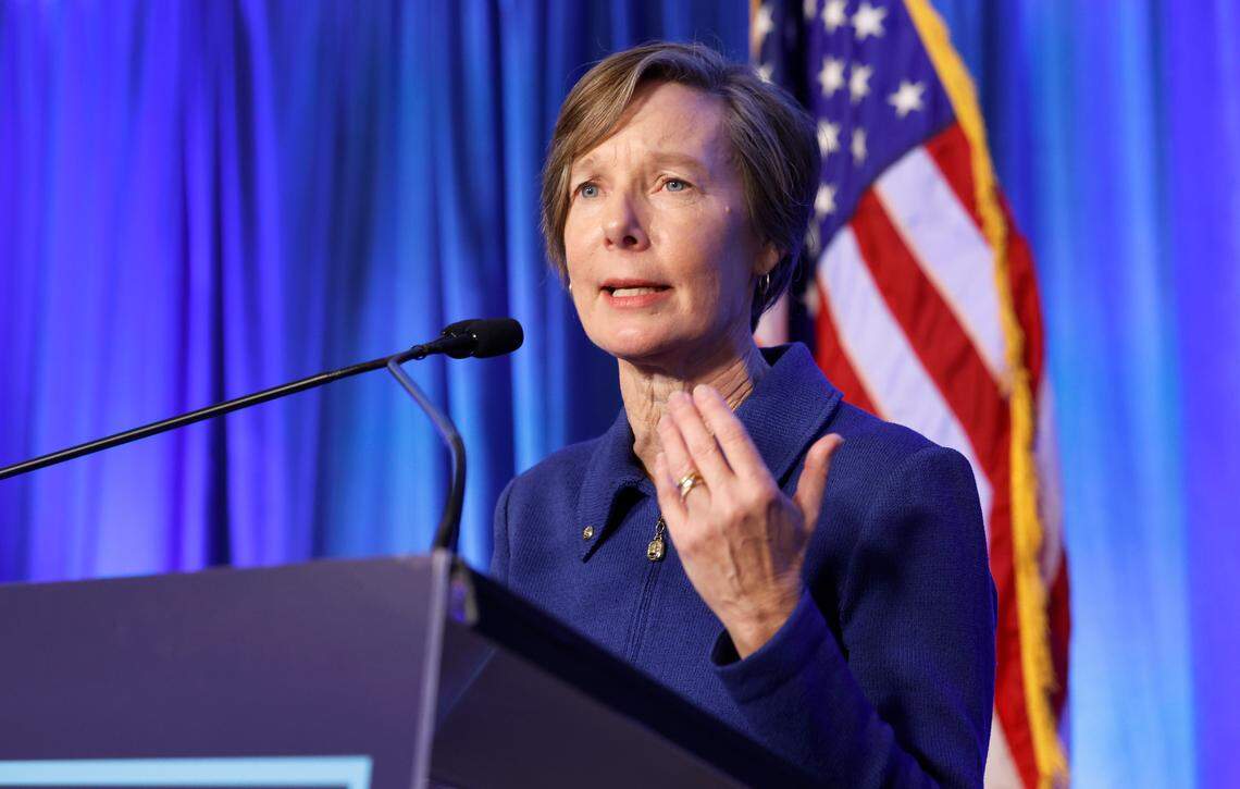 Rachel Hunt, Democratic nominee for N.C. lieutenant governor, speaks during a North Carolina Democrats primary election night party at Maywood Hall and Gardens in Raleigh, N.C., Tuesday, March 5, 2024.