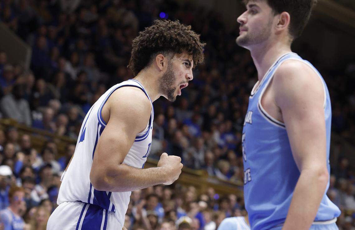 Duke’s Cameron Boozer (12) celebrates after making the basket while being fouled during the second half of Duke’s 100-62 victory over Indiana State at Cameron Indoor Stadium in Durham, N.C., Friday, Nov. 14, 2025.