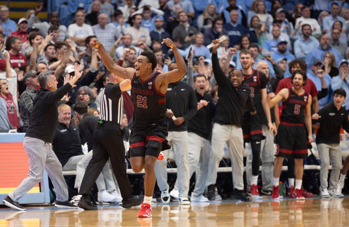 Stanford guard Jaylen Blakes (21) reacts after sinking a two-point basket with :02 seconds to play to give Stanford a 72-71 victory over North Carolina on Saturday, January 18, 2025 at the Smith Center in Chapel Hill, N.C.