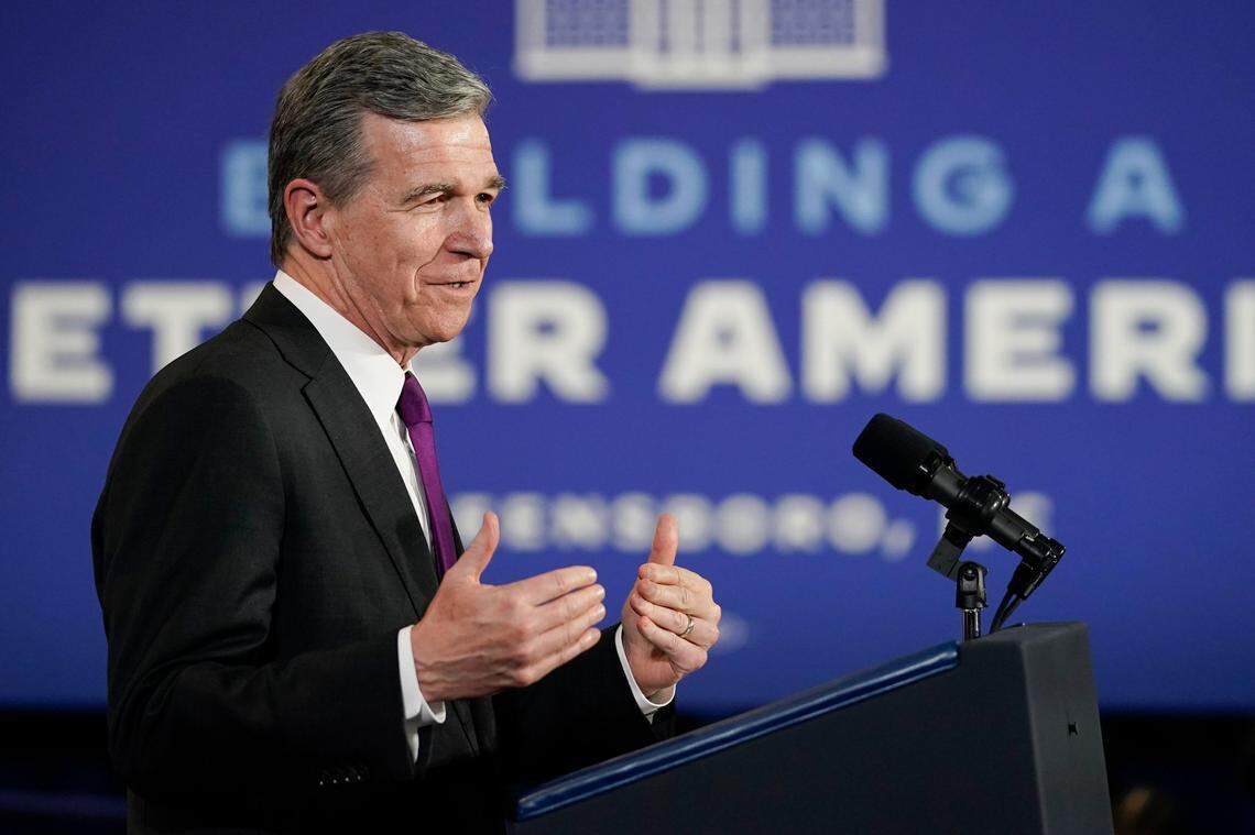 North Carolina Gov. Roy Cooper speaks at North Carolina Agricultural and Technical State University, in Greensboro, N.C., Thursday, April 14, 2022.