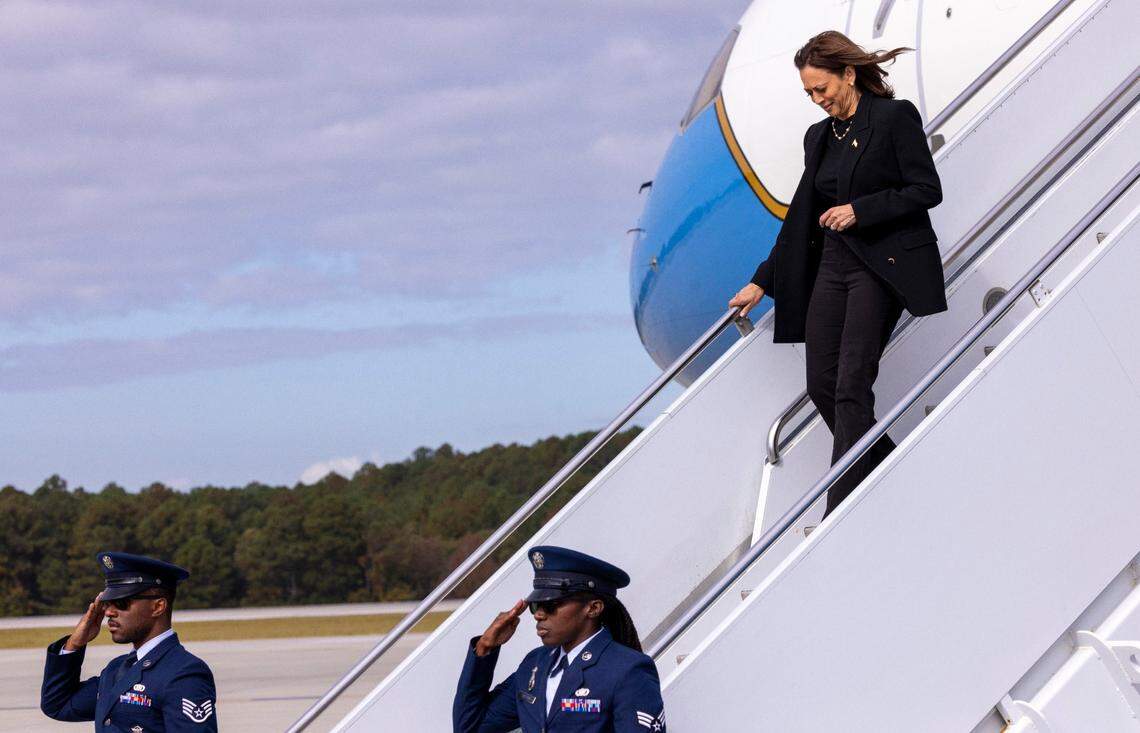 Vice President Kamala Harris arrives on Air Force 2 at Raleigh-Durham International Airport prior to a campaign rally at Coastal Credit Union Music Park at Walnut Creek in Raleigh on Wednesday, October 30, 2024.