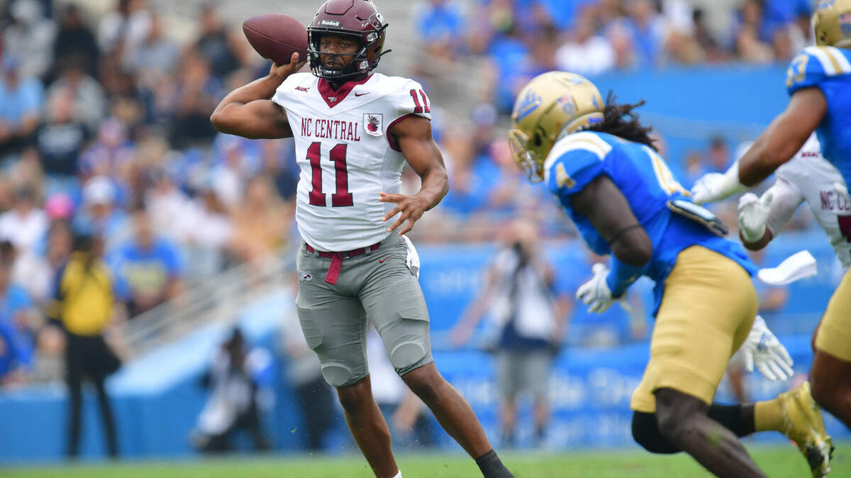 Sep 16, 2023; Pasadena, California, USA; North Carolina Central Eagles quarterback Davius Richard (11) throws against the UCLA Bruins during the first half at Rose Bowl.