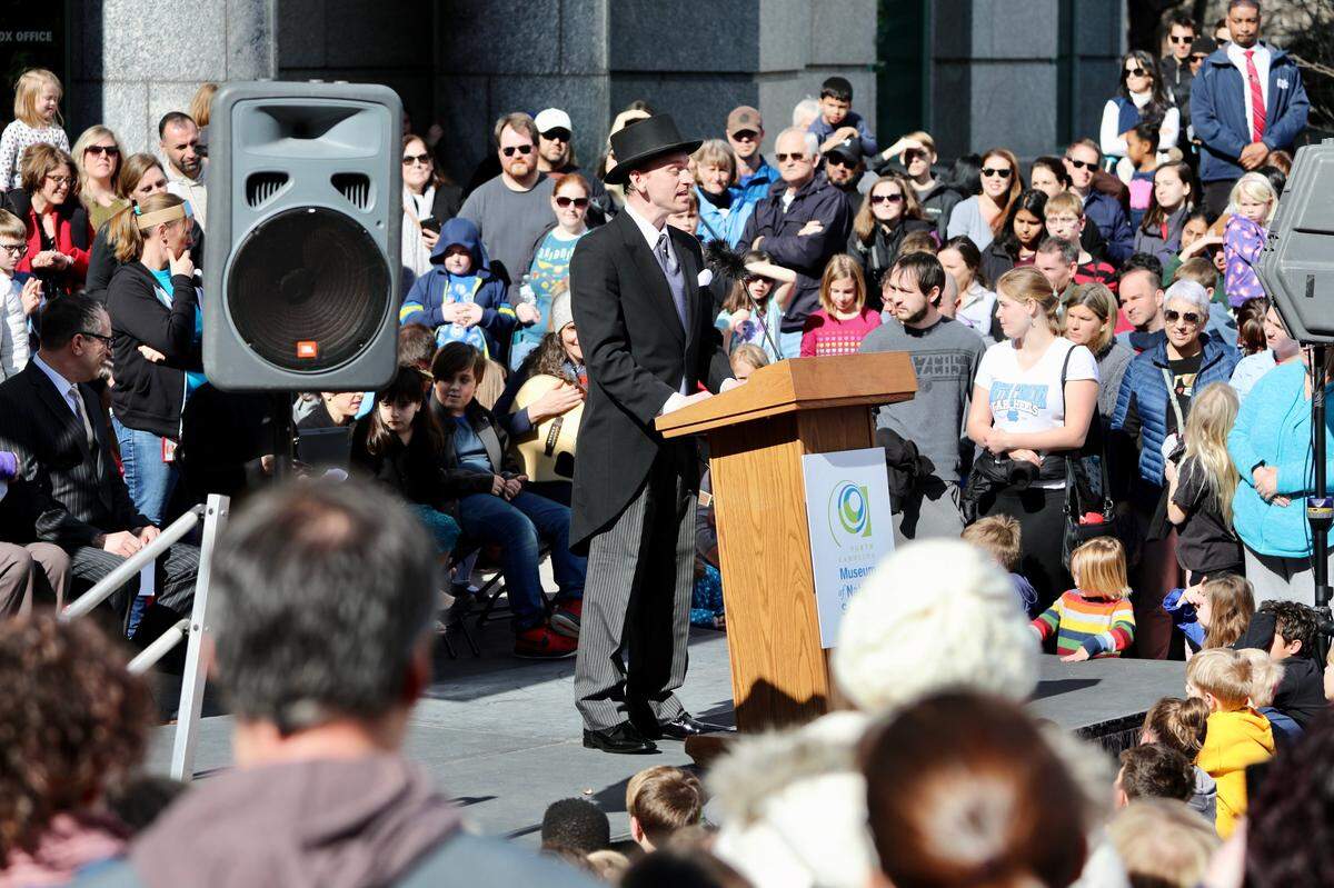 North Carolina Museum of Natural Sciences educator Chris Smith addresses the large crowd gathered to see Sir Walter Wally during the Groundhog Day Celebration in Raleigh, N.C. on February 2, 2020.