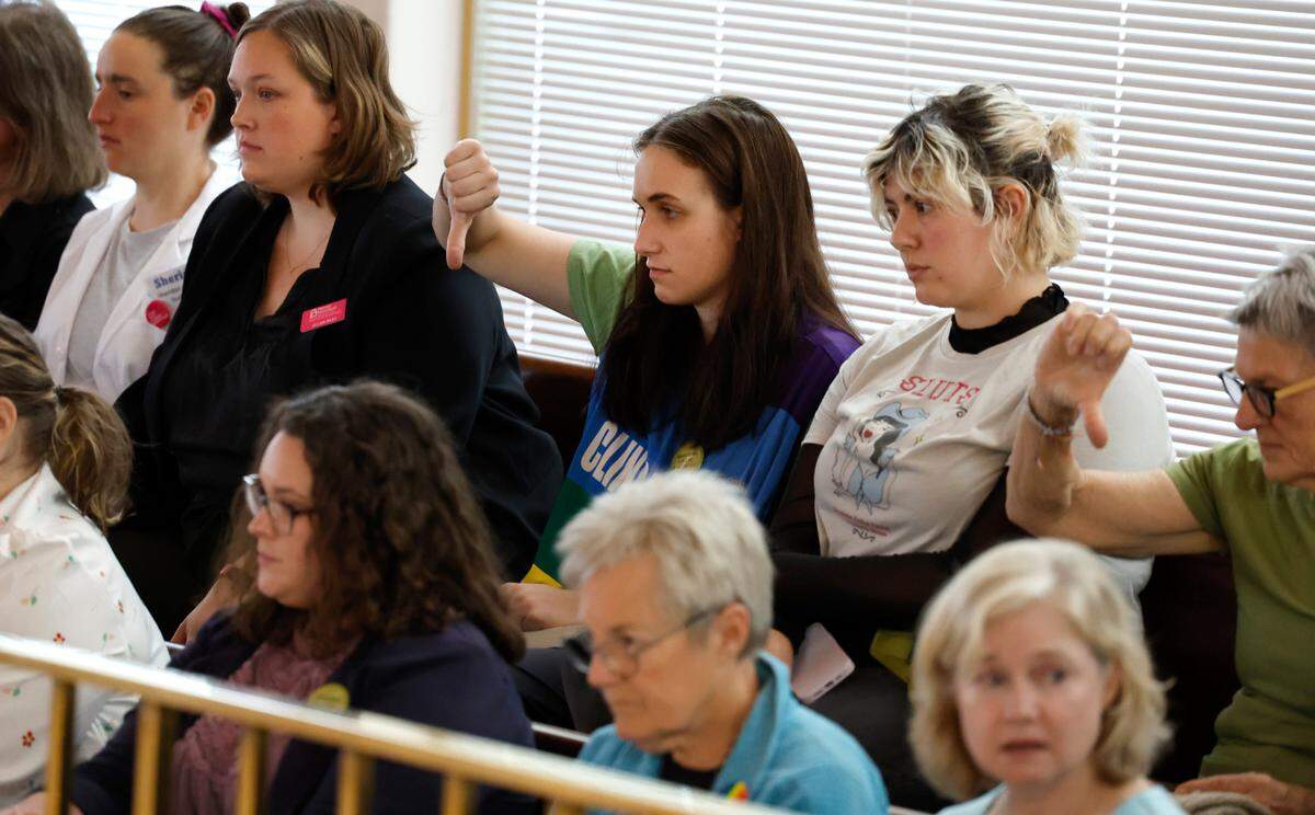Spectators in the gallery react as senators speak in favor of SB 20, the “Care for Women, Children, and Families Act,” at the N.C. Legislature in Raleigh, N.C. Thursday, May 4, 2023.