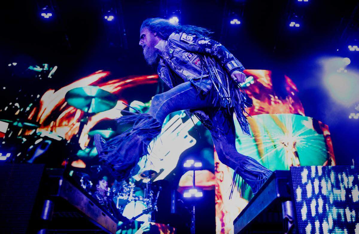 Rob Zombie hops between risers on stage on “Freaks On Parade 2023 Tour” to Raleigh, N.C.’s Coastal Credit Union Music Park at Walnut Creek, Tuesday night, Aug. 29, 2023.