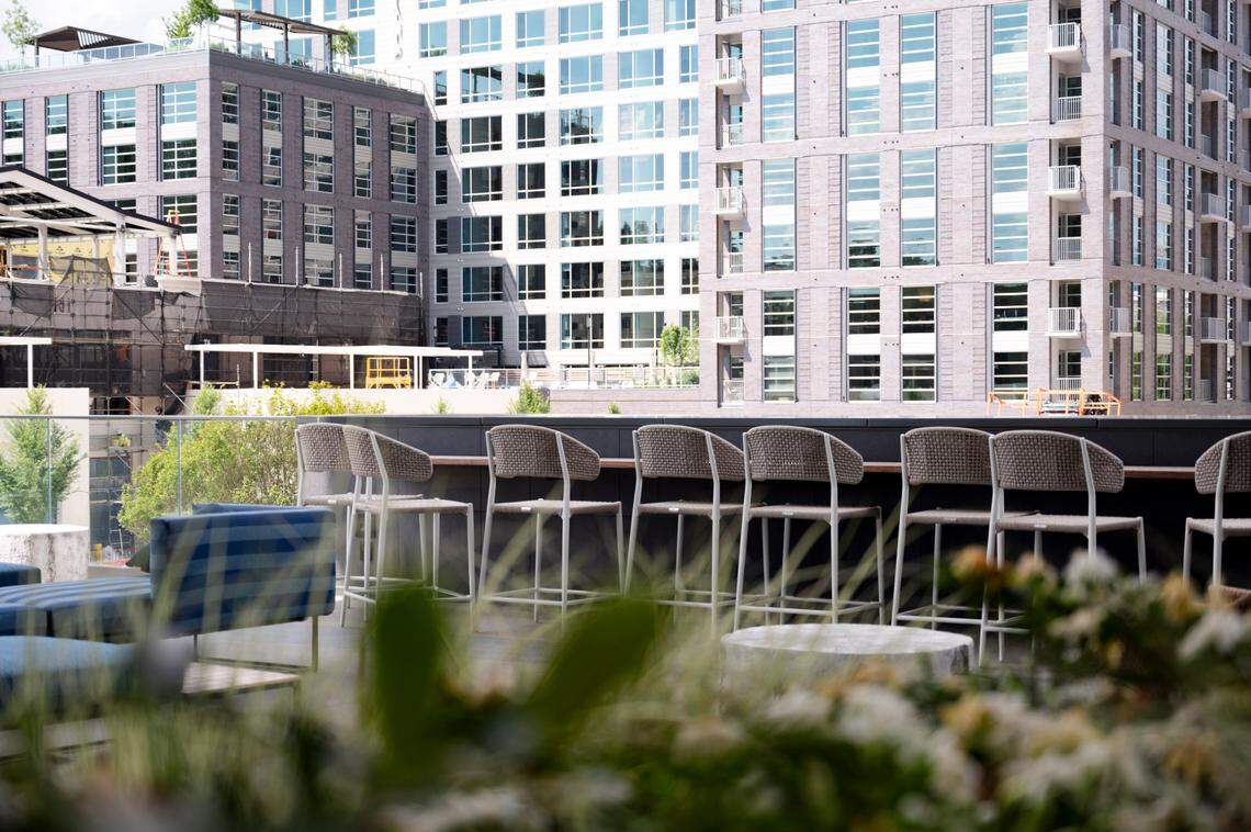 The second floor of North Hills Tower has a terrace with outdoor seating and will be adding an outdoor bar space. Pictured on May 29, 2024.