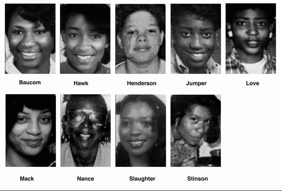 3/15/94 8A: SHARON NANCE (MURDER VICTIM HENRY WALLACE) [NOT PUBLISHED] FILE--These are undated file photos of nine of the 10 women that police have accused Henry Louis Wallace of strangling over a 20-month period. Wallace, 28, of Charlotte, is charged with 10 counts of murder and remains in jail pending a bond hearing in Mecklenburg County. Top row, from left: BettY BaucUm; Shawna D. Hawk; Brandi J. Henderson; Valencia M. Jumper; and Caroline Love. Bottom row, from left: Vanessa Little Mack; Sharon Lovett Nance; Debra Slaughter; and Michelle Stinson. (AP Photo/Charlotte Observer,File)