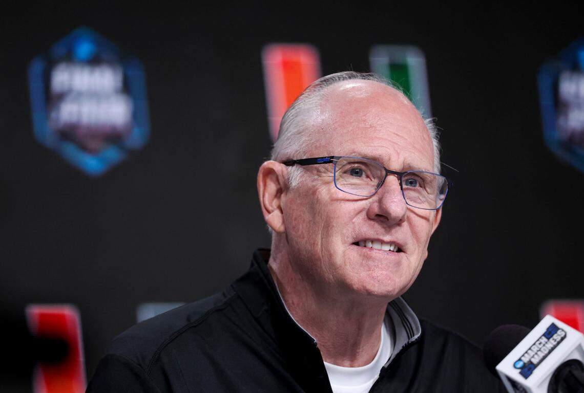 Miami Hurricanes head coach Jim Larranaga during a press conference at NRG Stadium.