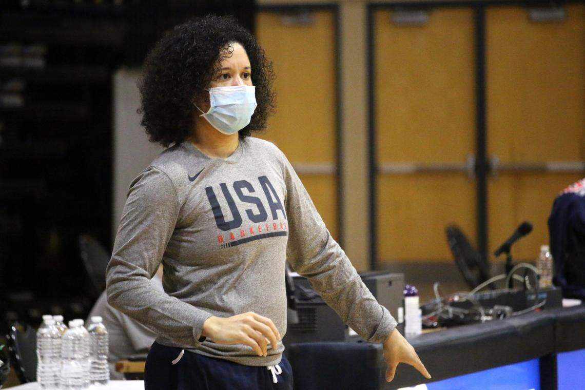 Kara Lawson watches the practice of the U.S. women’s 3X3 basketball team in March. Lawson, Duke women’s basketball coach, guided the U.S. women’s team in the 3x3 competition to a gold medal in Tokyo.