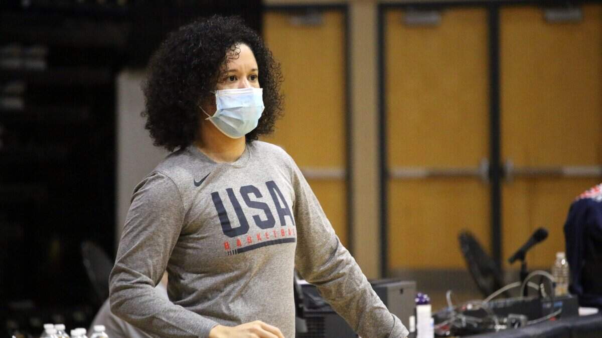 Kara Lawson watches the practice of the U.S. women’s 3X3 basketball team in March. Lawson, Duke women’s basketball coach, guided the U.S. women’s team in the 3x3 competition to a gold medal in Tokyo.