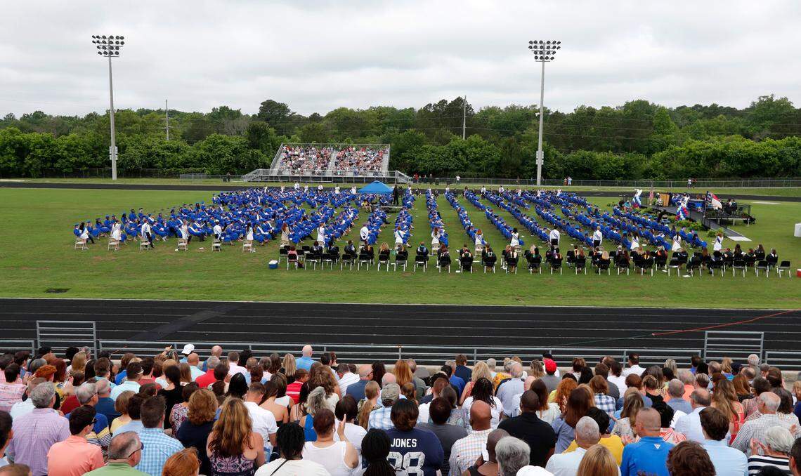 Since Wake Forest High’s stadium is under renovation the ceremony for the 542 Wake Forest High School graduates was held at Heritage High School’s stadium in Wake Forest, N.C., Wednesday, June 9, 2021. Some families at Green Level High School in Cary want class rank removed from high school transcripts.