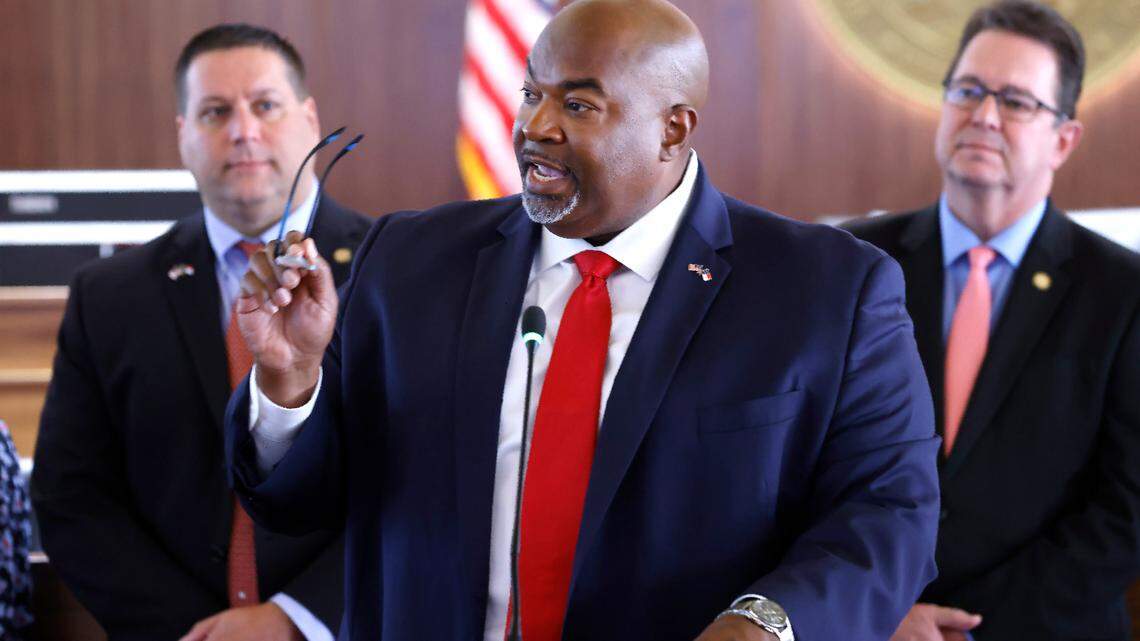 North Carolina Lt. Gov. Mark Robinson talks about the “Indoctrination in North Carolina Public Education” report during a press conference at the Legislative Building on Aug. 24, 2021.