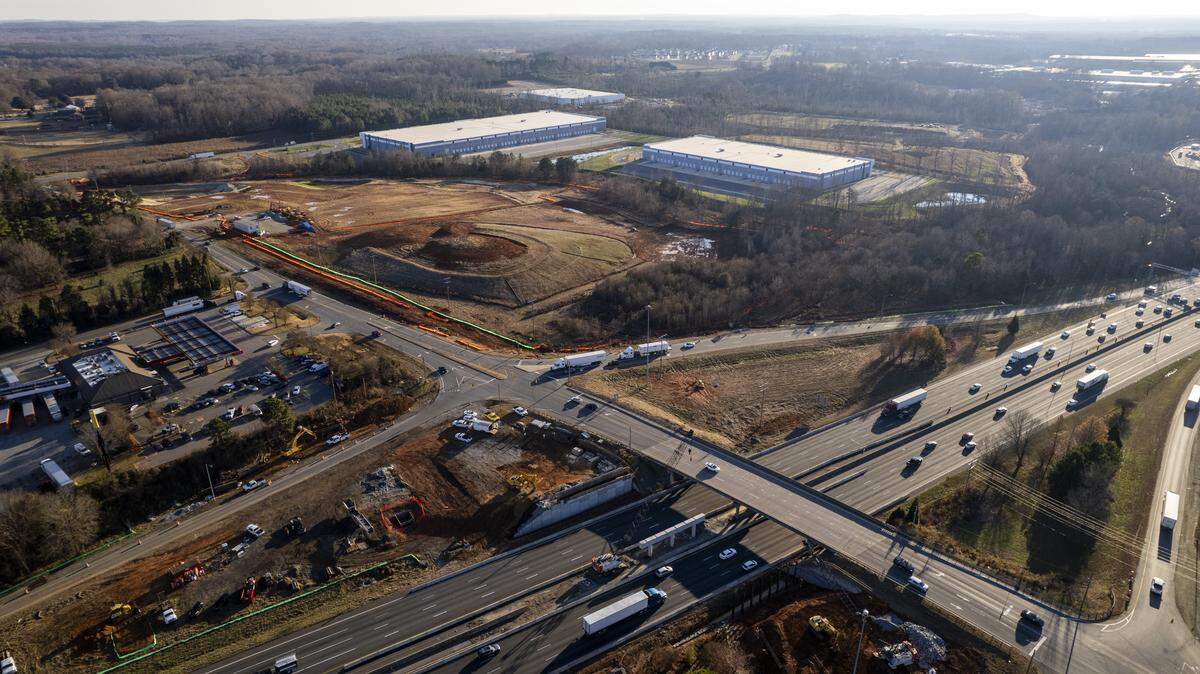A December 2025 aerial view of the 34-acre site off Interstate 40/85 in Alamance County that will become the state’s first Buc-ee’s Travel Center, scheduled to open by late 2027.