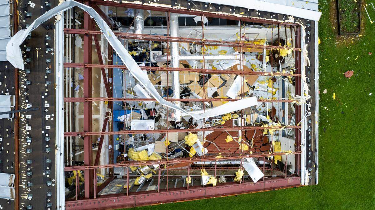 A section of roof is missing from Springfield Middle School in the Lucama area of Wilson County where a tornado damaged the school and at least 10 homes as bands from Tropical Storm Debbie moved through the area on Thursday, Aug. 8, 2024. At least one person is dead as a result of the tornado.