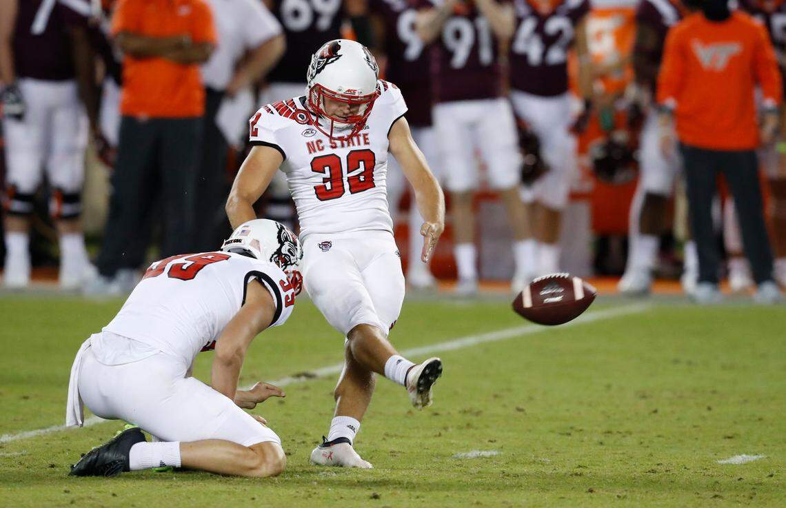 N.C. State’s Christopher Dunn (32) makes a 53-yard field goal during the first half of N.C. State’s game against Virginia Tech at Lane Stadium in Blacksburg, VA Saturday, Sept. 26, 2020.