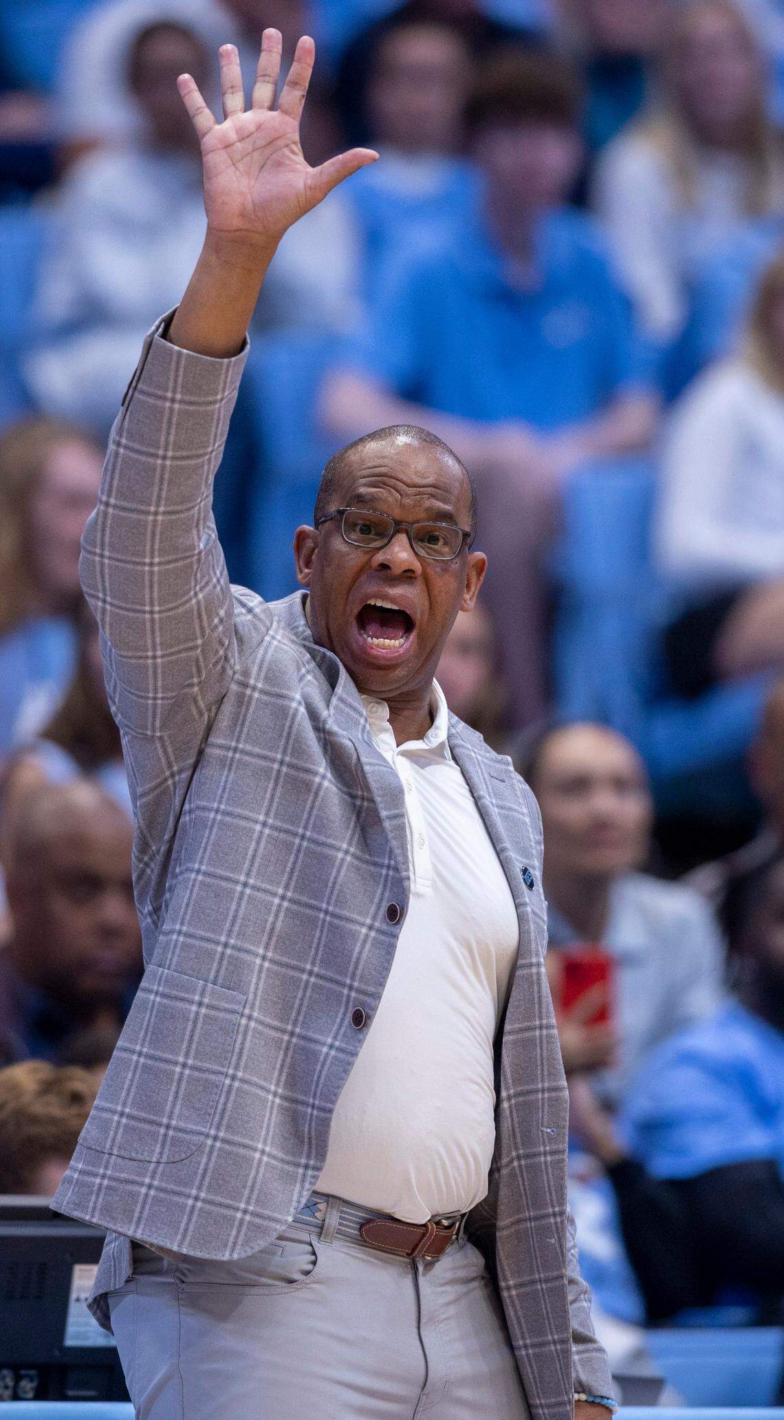 North Carolina coach Hubert Davis directs his team in the second half against Radford on Monday, November 6, 2023 at the Dean Smith Center in Chapel Hill, N.C.