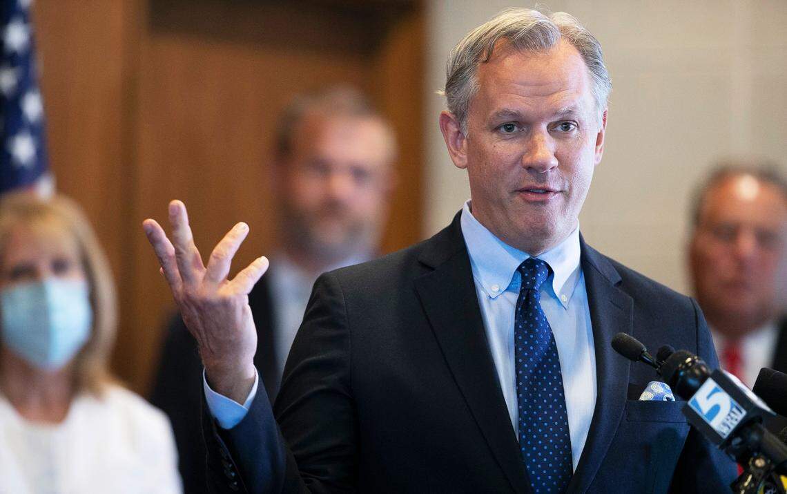 Lt. Governor Dan Forest speaks during a press conference with GOP leaders calling for the immediate reopening of the North Carolina schools for in-person learning at the General Assembly on Wednesday, September 16, 2020 in Raleigh, N.C. Forest said he would lift the state’s face mask requirement if he’s elected governor.