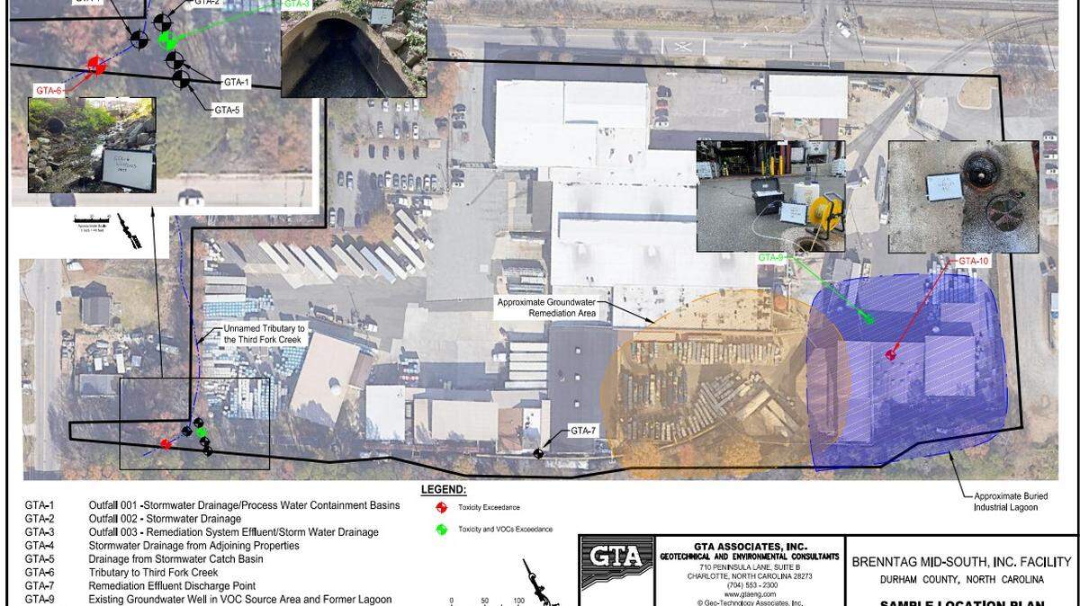 This map shows where an environmental consultant sampled ground- and surface water around Brenntag’s Durham plant. The consultant found high levels of pollution in groundwater and on the plant’s southwest corner, spurring the City of Durham to fence off the creek running past the site in nearby Burton Park.