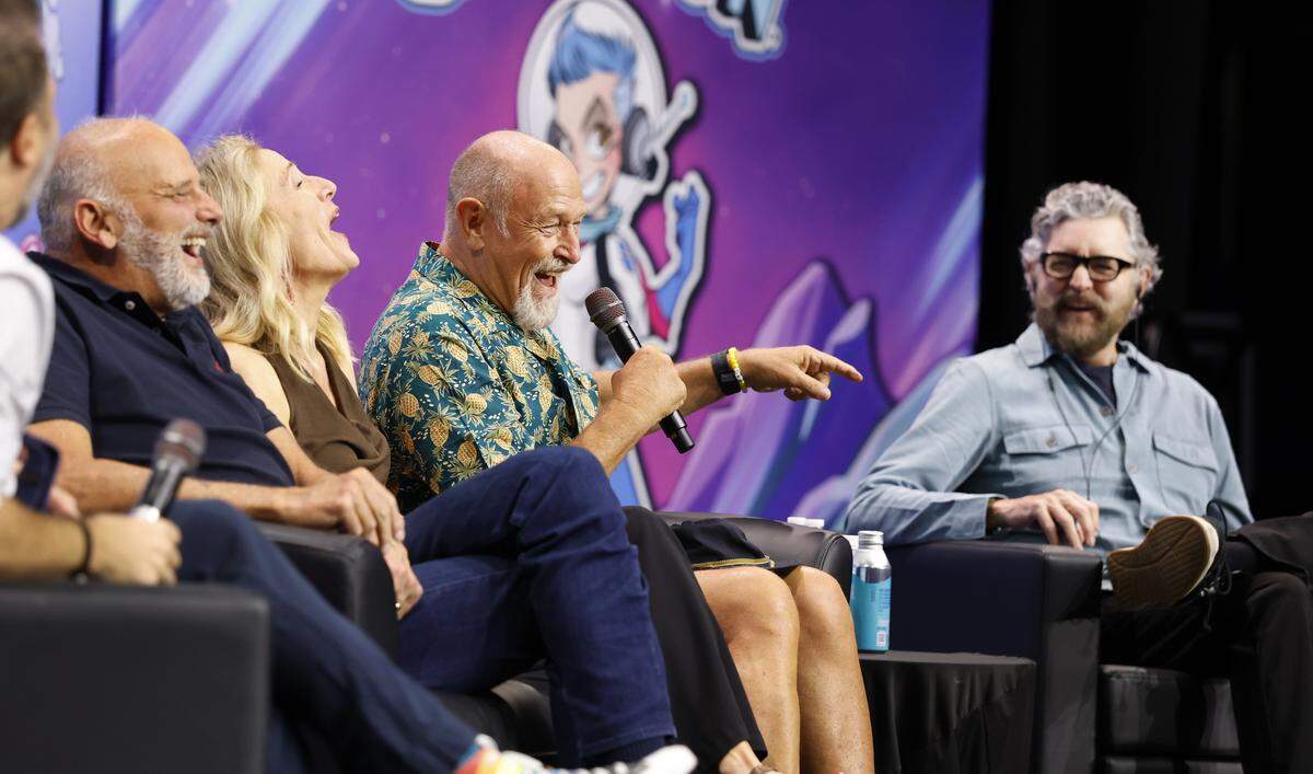 From left, Kurt Fuller, Kirsten Nelson, Corbin Bernsen and Timothy Omundson laugh as they tell stories during a Q&A with the cast of Psych during during GalaxyCon Raleigh at the Raleigh Convention Center Sunday, July 27, 2025.