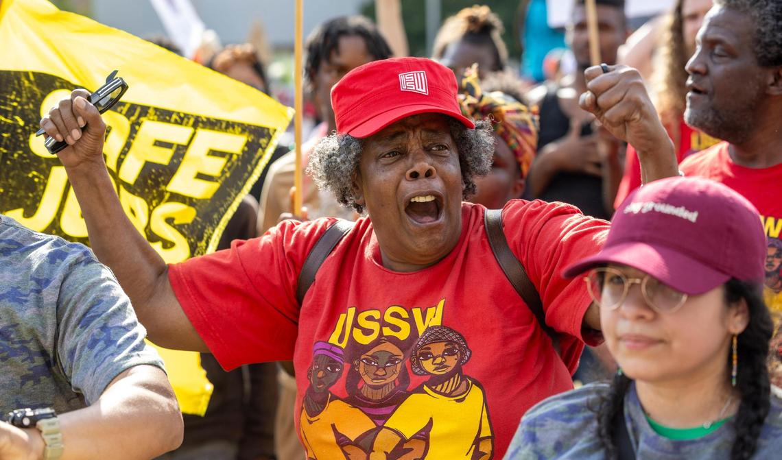 May Day demonstrators line up to march from the Halifax Mall to the Bicentennial Mall on Thursday, May 1, 2025 in Raleigh, N.C.