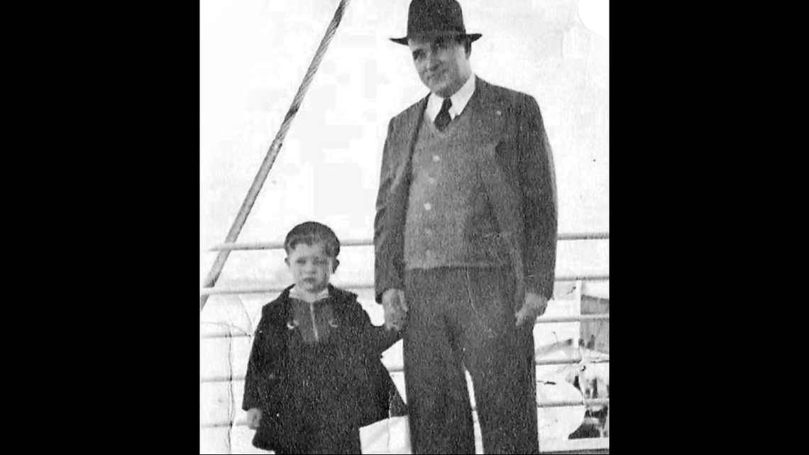 Theo Haviland and his 6-year-old son Ted before he shipped out on the merchant freighter City of Atlanta in 1942 and died when a Nazi submarine torpedoed the ship off the Outer Banks.