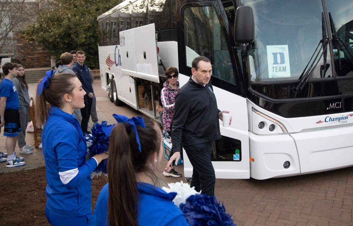 Duke head coach Mike Krzyzewski prepares to depart with his team for the Final Four in New Orleans Tuesday, March 29, 2022 outside Cameron Indoor Stadium.