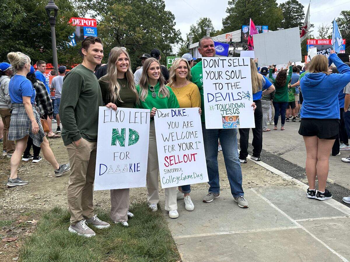 Signs from College Football Gameday before Duke hosts Notre Dame.