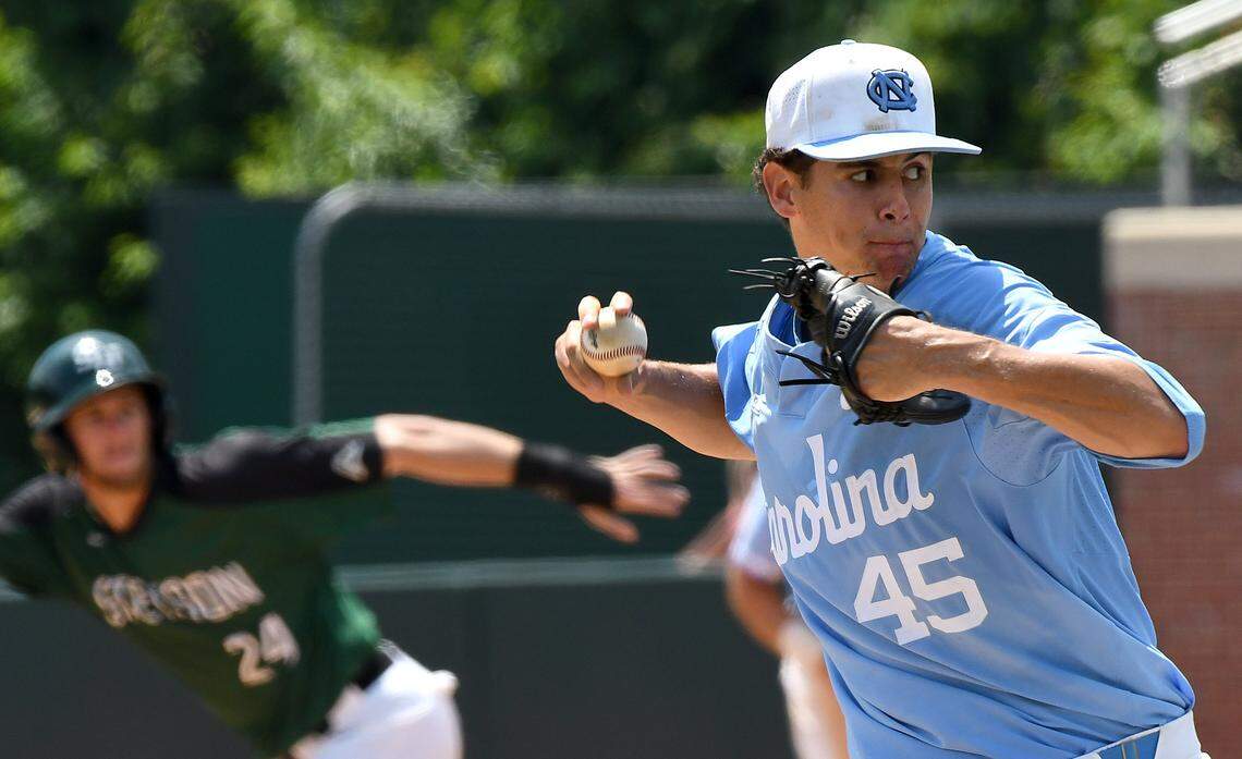 UNC's Austin Bergner (45) gets the save as the Tar Heels defeat Stetson 7-4 in the first game of the Super Regional in Chapel Hill, N.C., Friday, June 8, 2018, against Stetson.