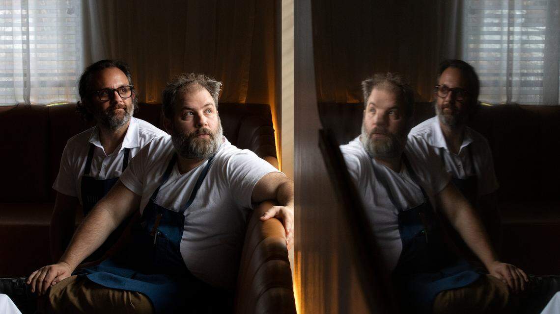 Nate Garyantes and Matthew Kelly, co-chefs and co-owners of Nanas, are photographed in the restaurant’s main dining room on Wednesday, Nov. 22, 2023, in Durham, N.C.