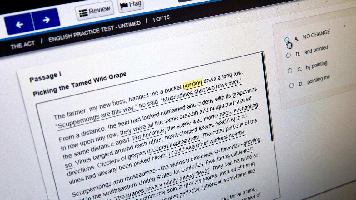 In this May 6, 2015 file photo, a computer-based practice ACT English test is displayed on a computer monitor in Washington.