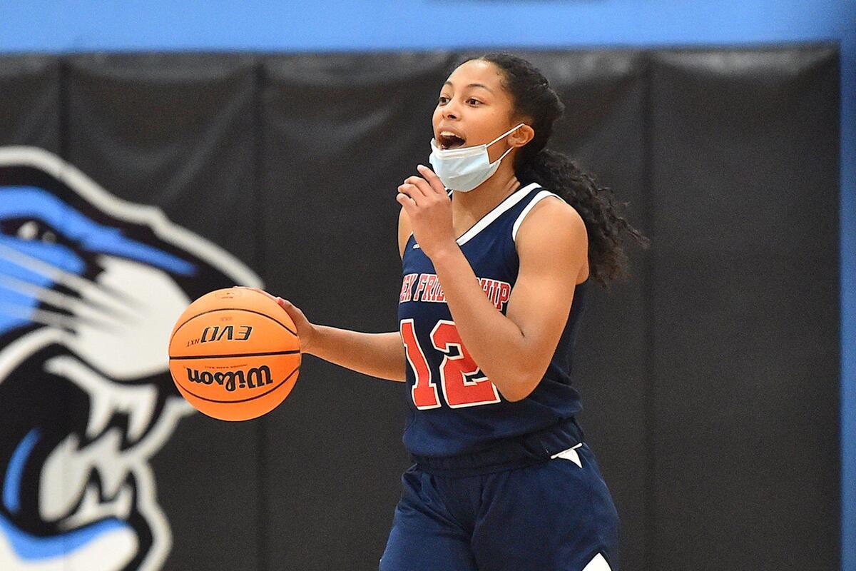 Apex Friendship’s Indya Nivar (12) sets up the play during the first half. The Panther Creek Catamounts and the Apex Friendship Patriots met in a conference basketball game in Cary, NC on January 28, 2022.