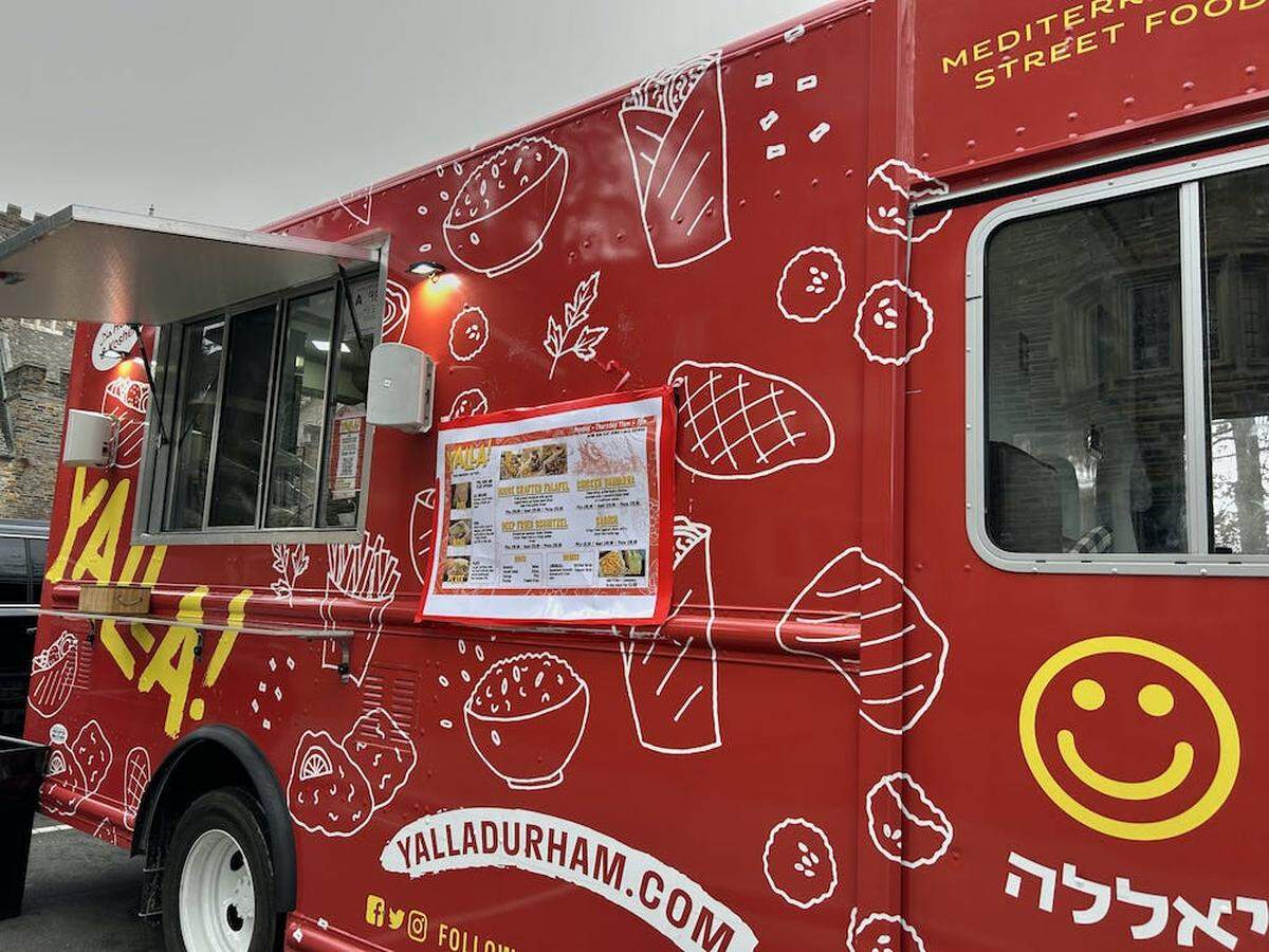 Yalla food truck operates on Duke University’s campus in Durham, NC, across from the Student Wellness Center. Yalla is commonly used by both Arabic and Hebrew speakers in the Middle East to convey a sense of urgency — a shout of “let’s go!” The truck serves Mediterranean cuisine.